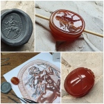 handcarved intaglio,Scarab.
ancient Etruscan gems inspirit.
Centaur image.
carnelian stone.
size 16.4 * 20.5mm