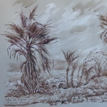 view of Tiberias,
on the Sea of Galilee, Kinneret.
drawing pen,brown ink,tinted paper,
white acrylic. size 57 * 48cm